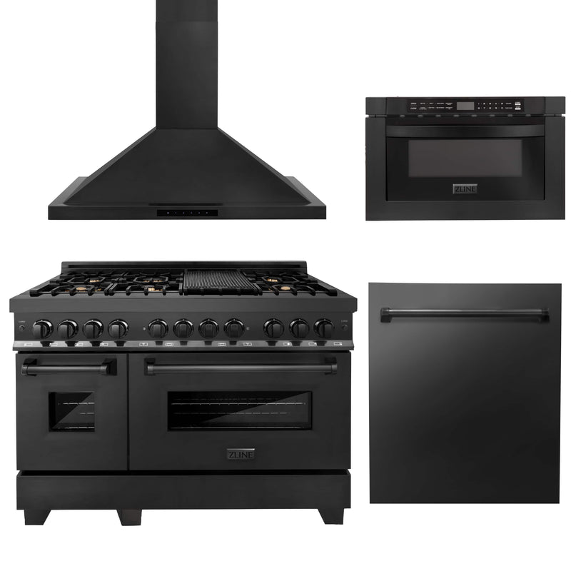 ZLINE 4-Piece Appliance Package - 48-inch Dual Fuel Range with Brass Burners, Dishwasher, Microwave Drawer & Convertible Wall Mount Hood in Black Stainless Steel (4KP-RABRH48-MWDW) Appliance Package ZLINE 