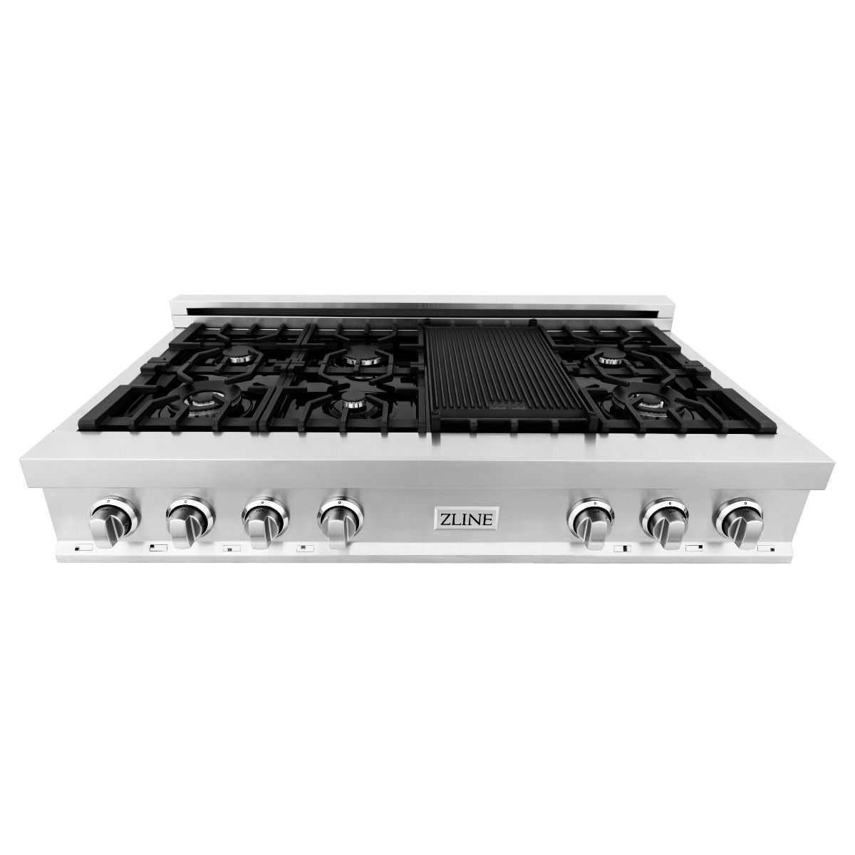 Stainless steel gas range with black grates, center grill, and control knobs