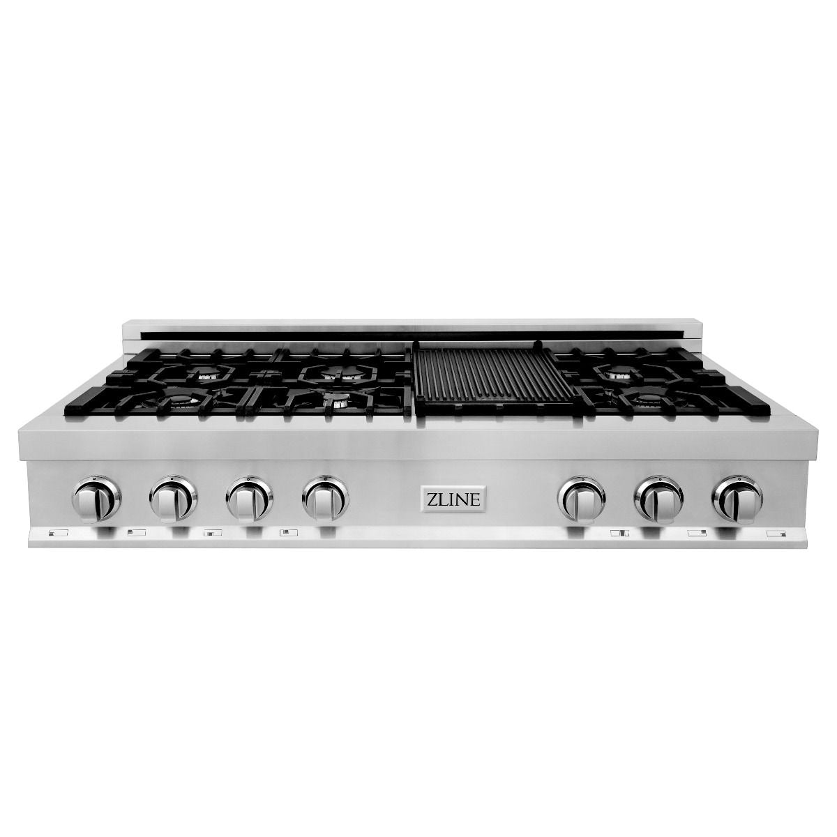 Stainless gas rangetop front view with black grates and control knobs