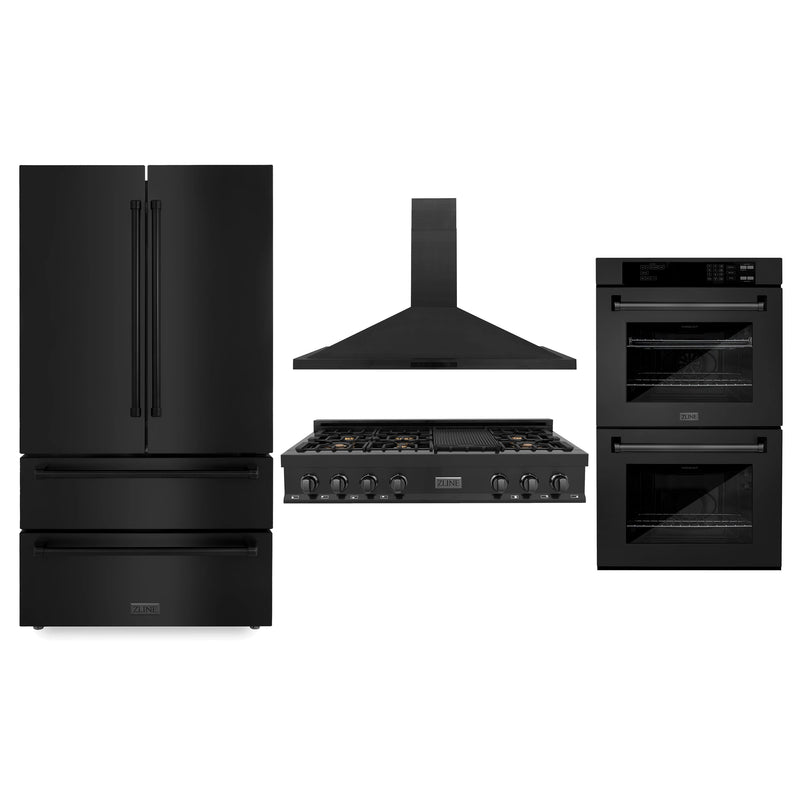 ZLINE 4-Piece Appliance Package - 48" Rangetop with Brass Burners, 36" Refrigerator, 30" Electric Double Wall Oven, and Convertible Wall Mount Hood in Black Stainless Steel (4KPR-RTBRH48-AWD) Appliance Package ZLINE 