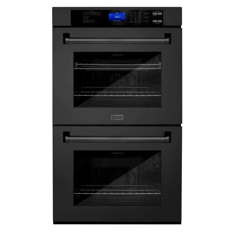 ZLINE 4-Piece Appliance Package - 48" Rangetop with Brass Burners, 36" Refrigerator, 30" Electric Double Wall Oven, and Convertible Wall Mount Hood in Black Stainless Steel (4KPR-RTBRH48-AWD) Appliance Package ZLINE 