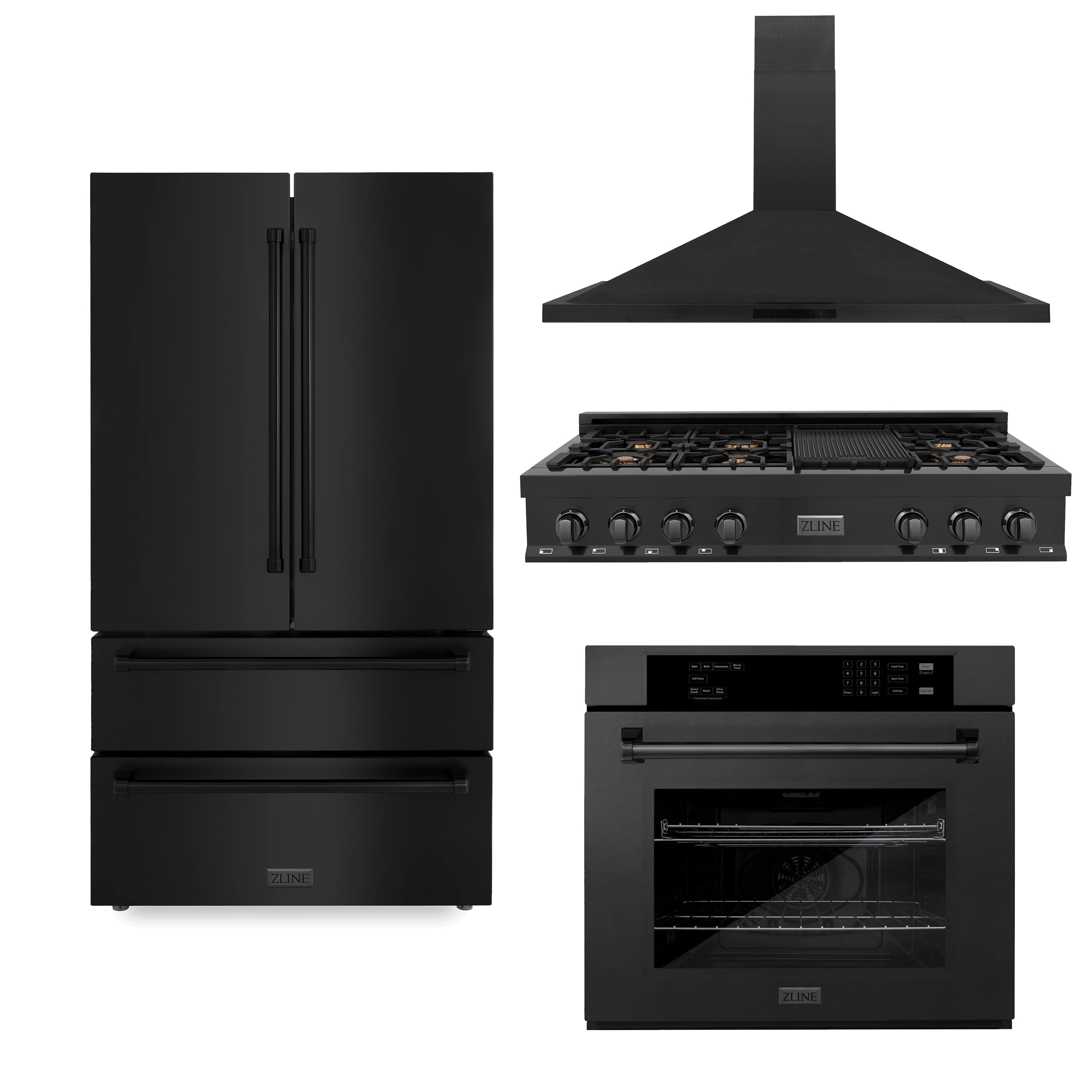 ZLINE 4-Piece Appliance Package - 48-Inch Rangetop with Brass Burners, Refrigerator, 30-Inch Electric Wall Oven, and Convertible Wall Mount Hood in Black Stainless Steel (4KPR-RTBRH48-AWS)
