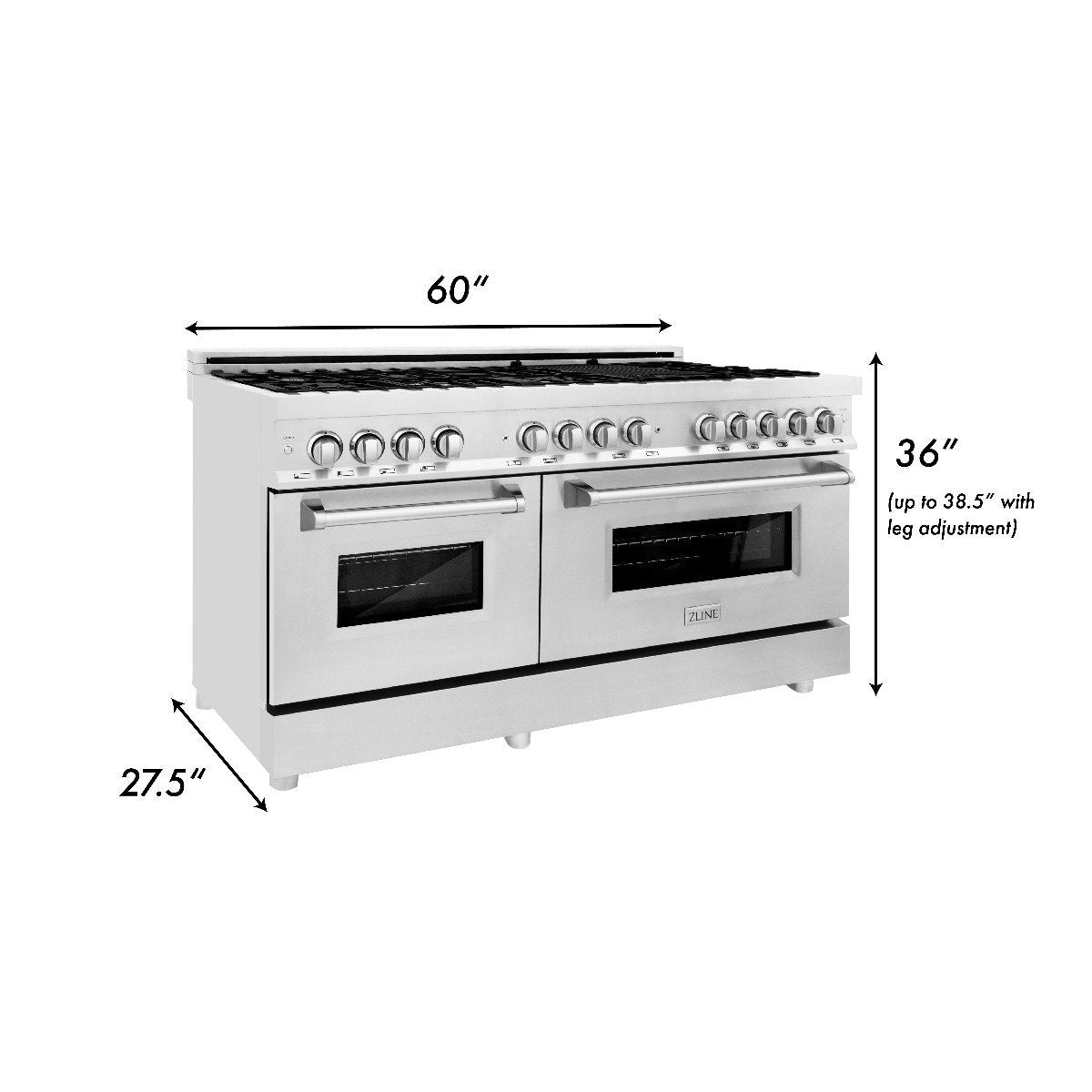 60-inch dual-fuel range front view with dimensions 60" wide and 36" high