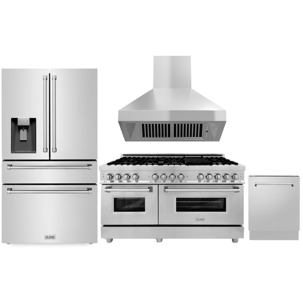 ZLINE 4-Piece Appliance Package - 60" Dual Fuel Range, 36" Refrigerator with Water Dispenser, Convertible Wall Mount Hood, and 3-Rack Dishwasher in Stainless Steel (4KPRW-RARH60-DWV) Appliance Package ZLINE 