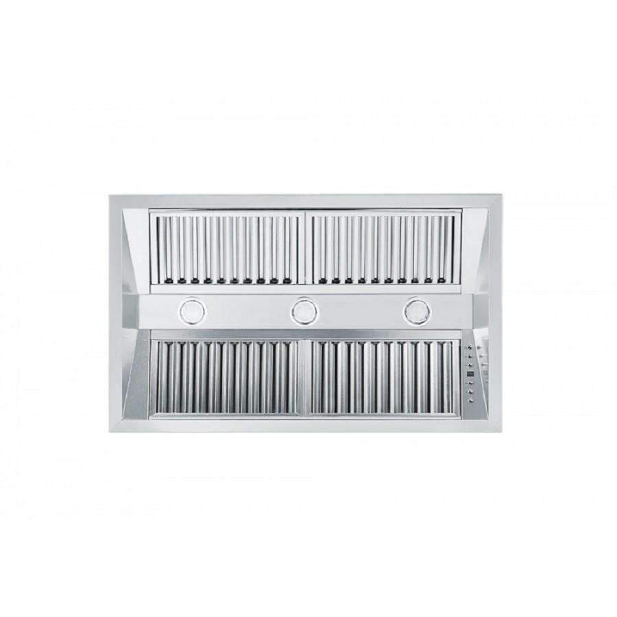 Stainless steel range hood insert with exposed duct grille and control knobs