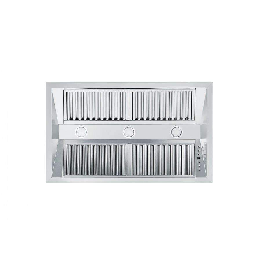 Stainless steel range hood insert with front vent grille and round knob controls