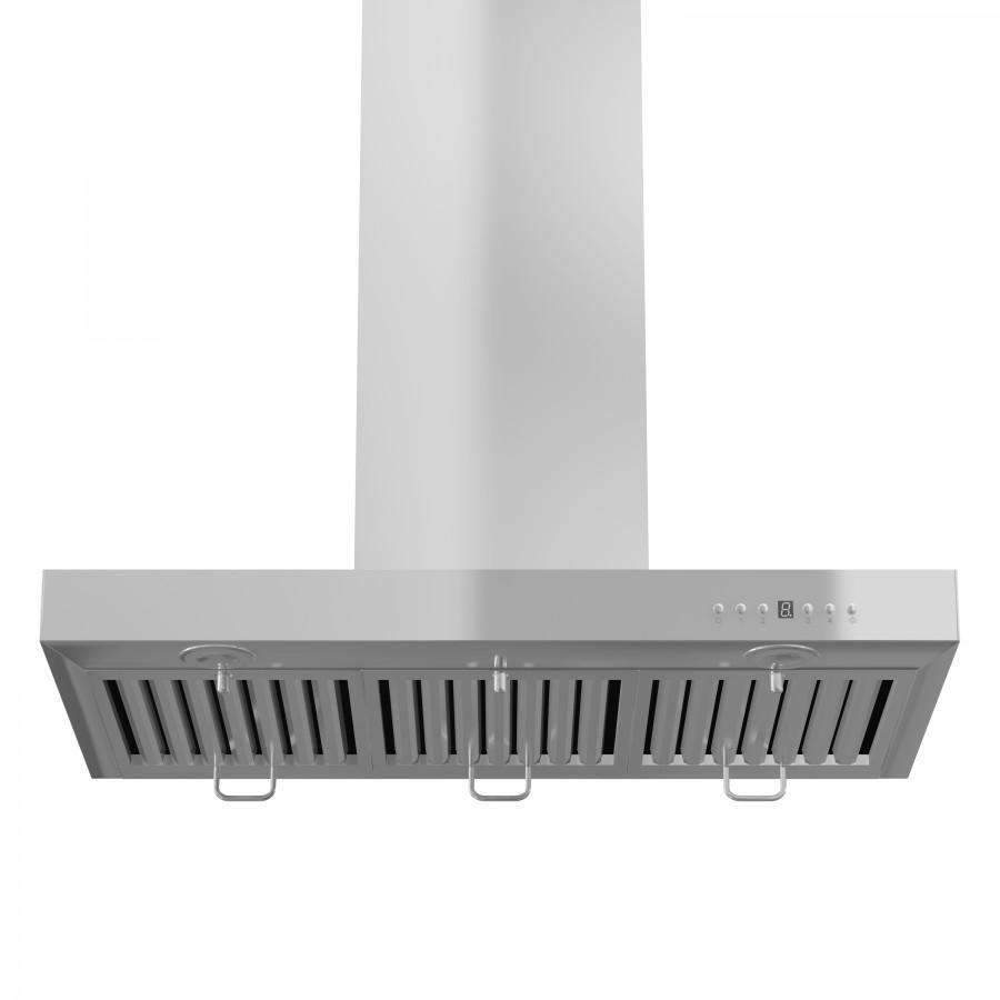 Stainless steel range hood front panel with vent slots and control buttons