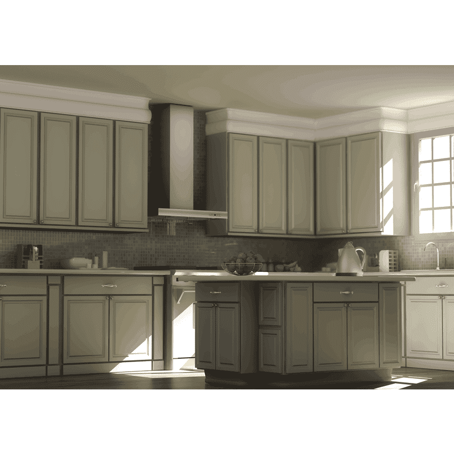 Wall-mounted stainless steel range hood with chimney above kitchen cabinets