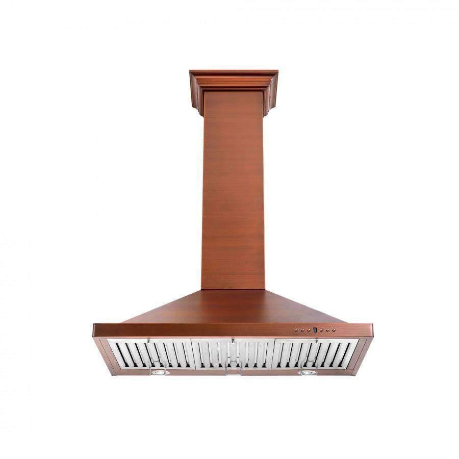 Copper-finish wall range hood with chimney body and vented grille, 42-inch design
