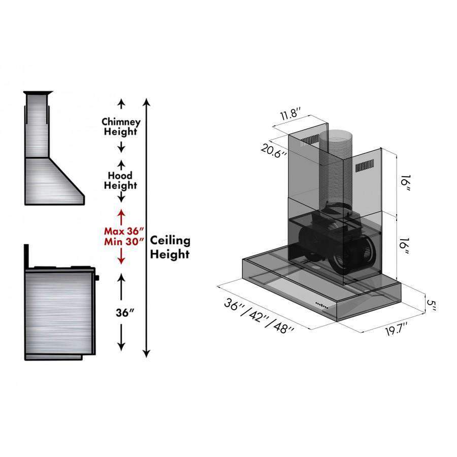 Ducted range hood size diagram showing hood height and ceiling clearances