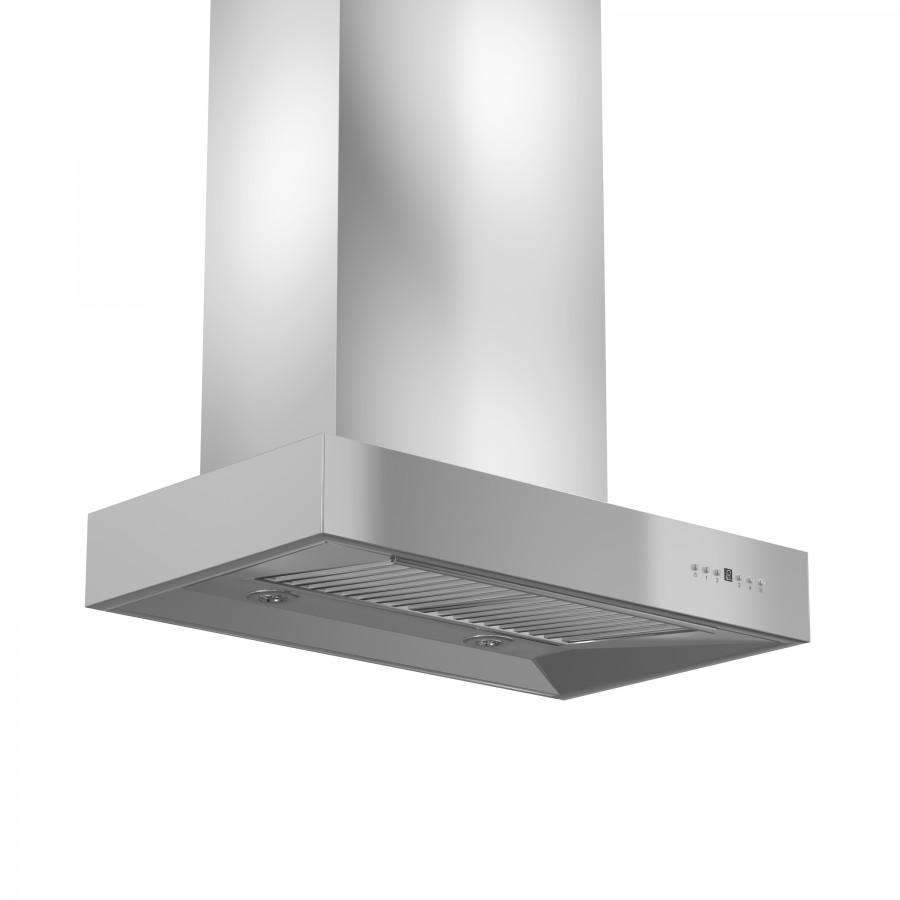 Stainless steel ducted wall-mount range hood with vent grille and chimney