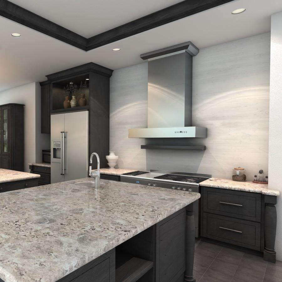 Stainless steel wall-mount range hood over cooktop with chimney and vent opening