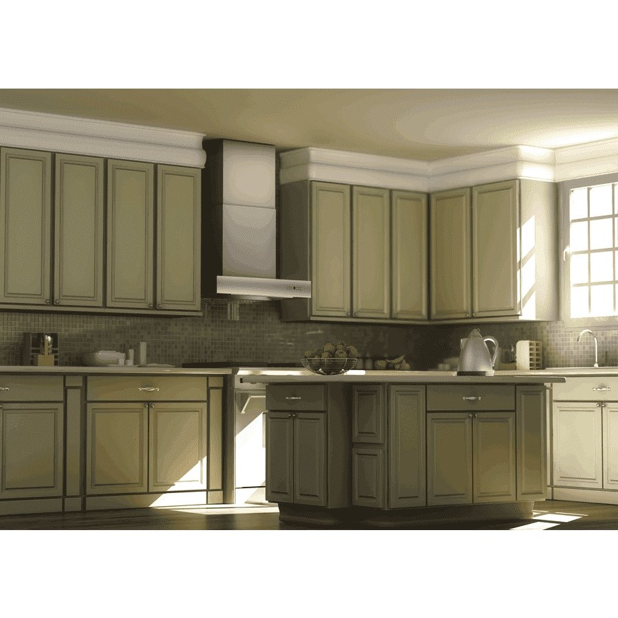 Stainless steel wall-mount range hood under cabinets with chimney above the stove