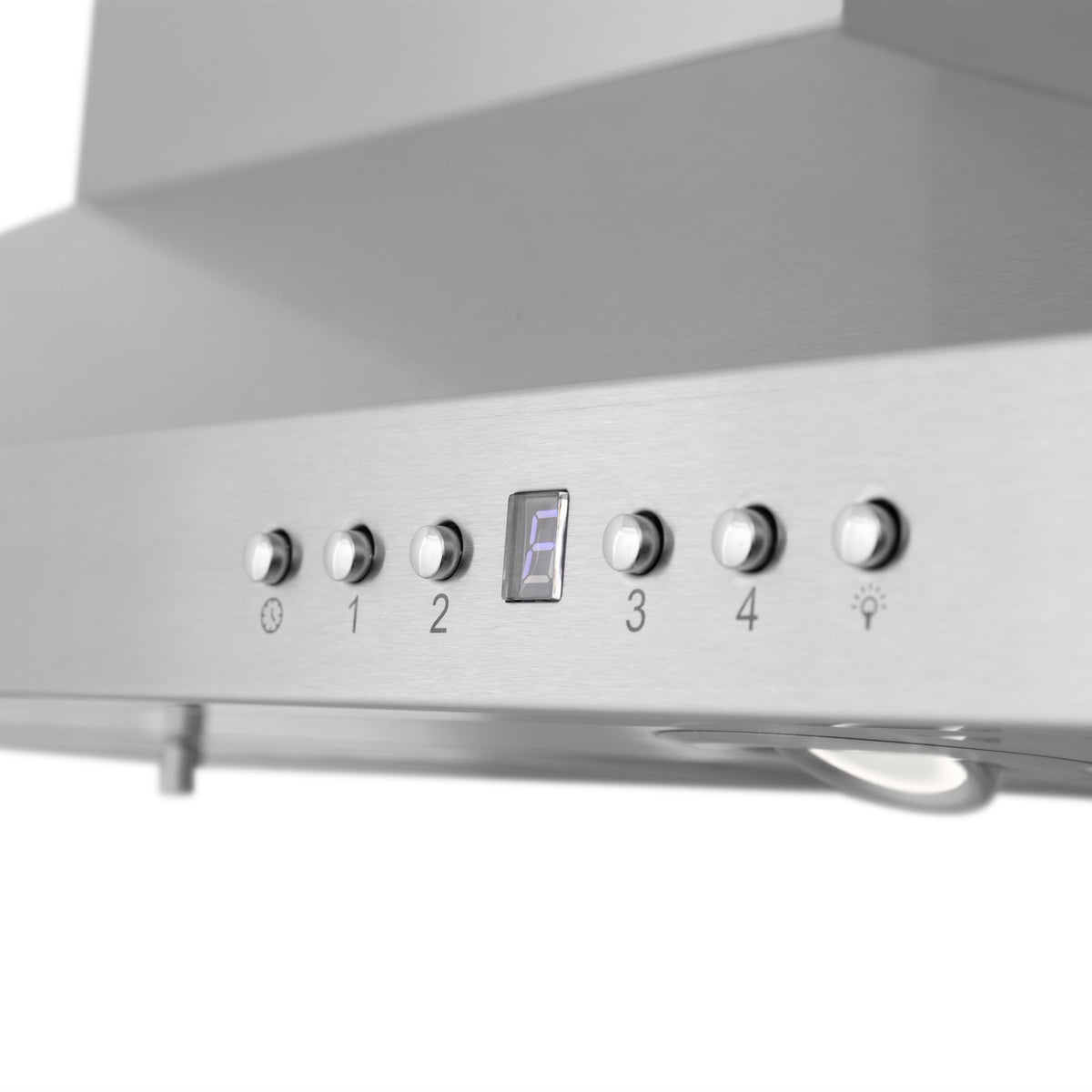 Stainless steel range hood control panel with numbered knobs and small display
