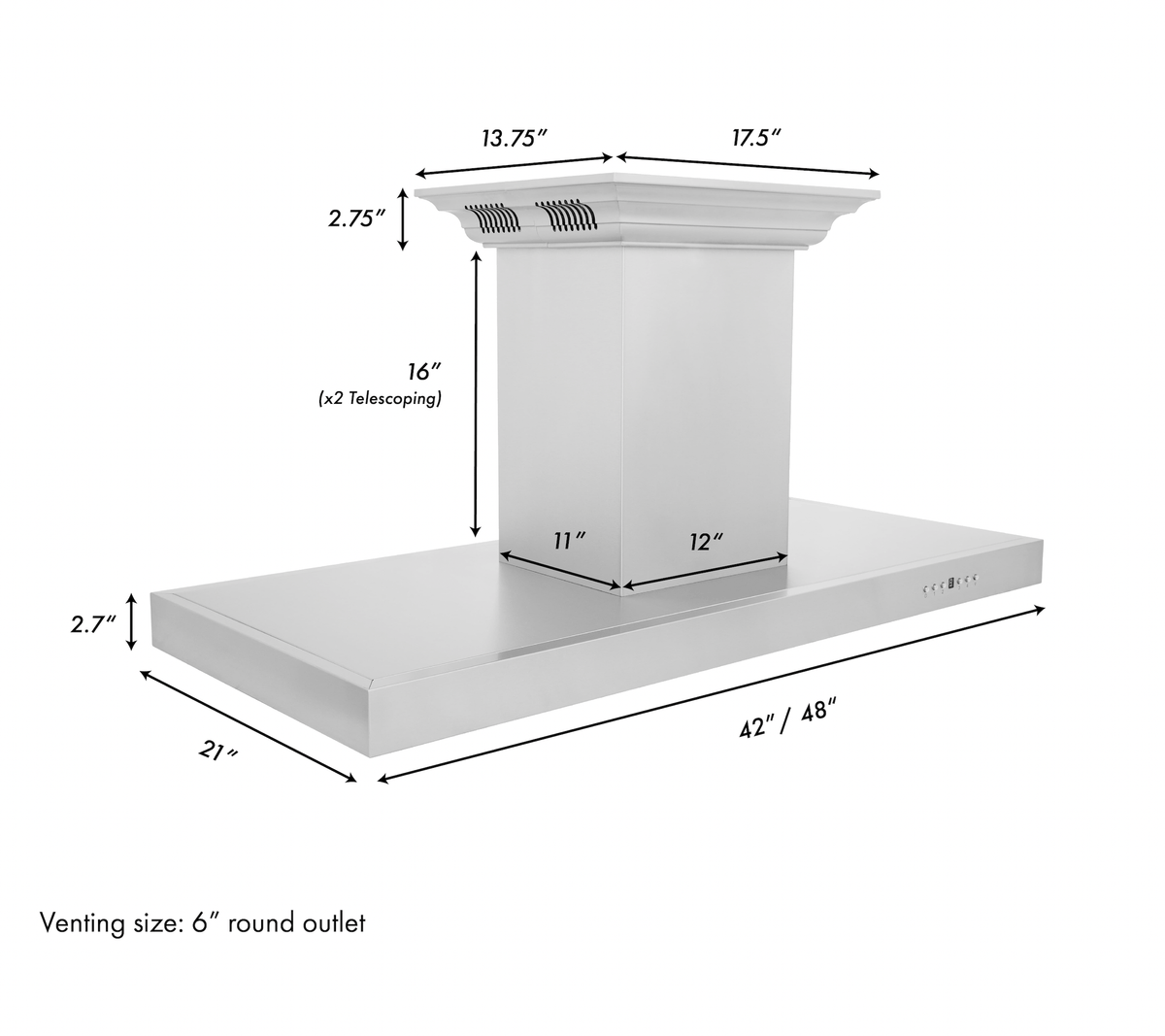 Stainless steel island range hood with crown top and telescoping vent section