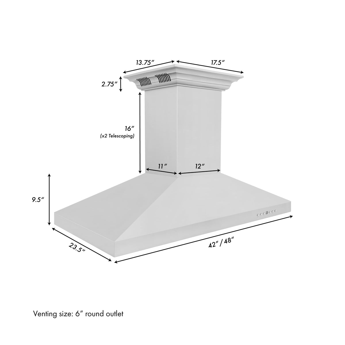 Island range hood with 42/48 in base, telescoping height, and 6 in outlet