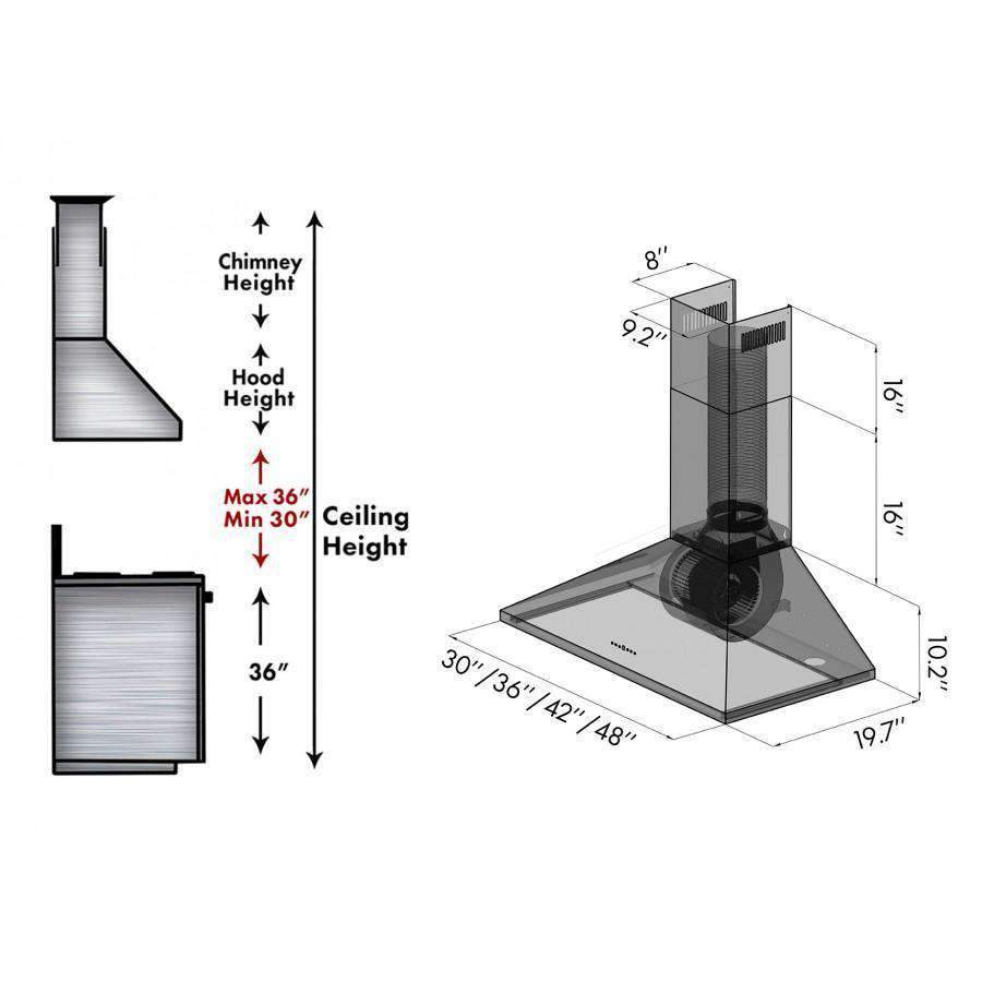 Dimension diagram of stainless steel convertible wall range hood