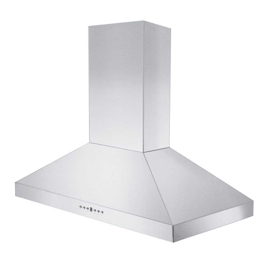 Stainless steel wall mount range hood with angled chimney and wide canopy