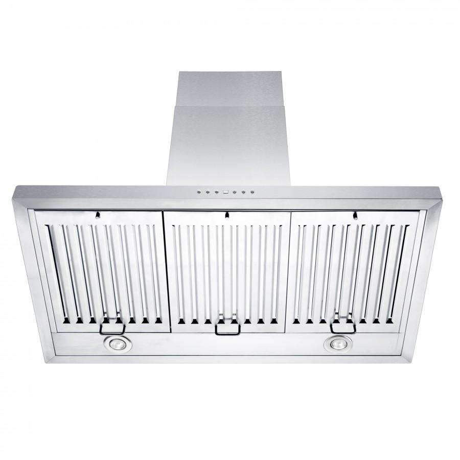 Stainless steel wall-mount range hood with baffle filters and control buttons