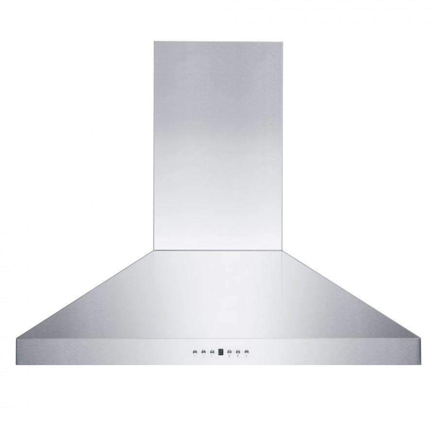 Stainless steel wall mount range hood, curved canopy with control buttons strip