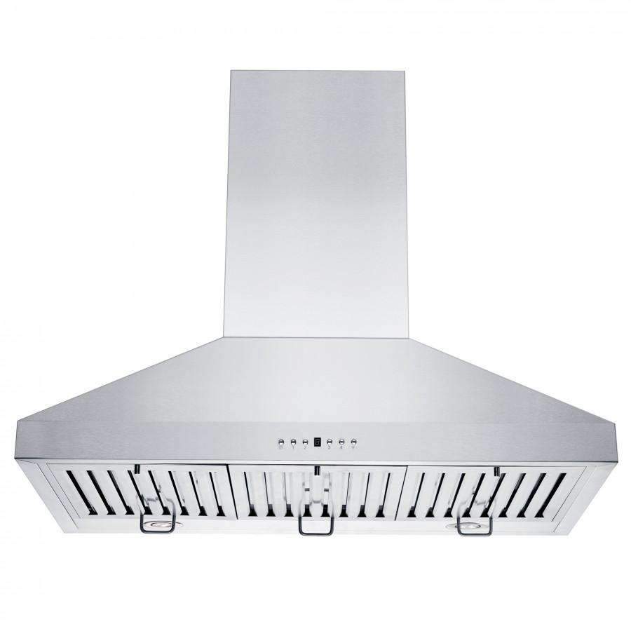Stainless steel range hood with visible filter bars and front control panel