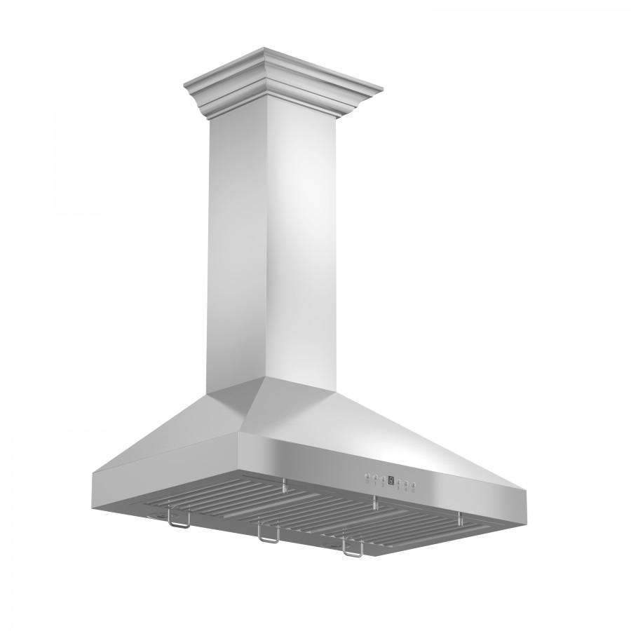 Stainless steel wall hood with chimney column and front vent panel with controls