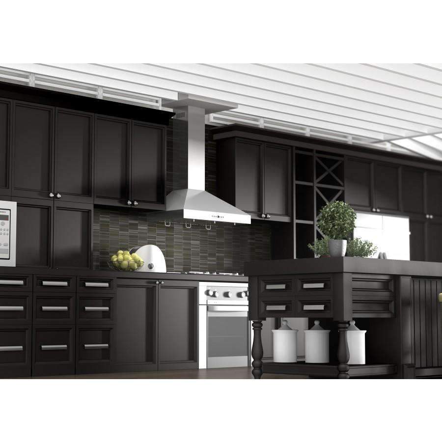 Stainless steel wall hood over stove with control panel and vent chimney