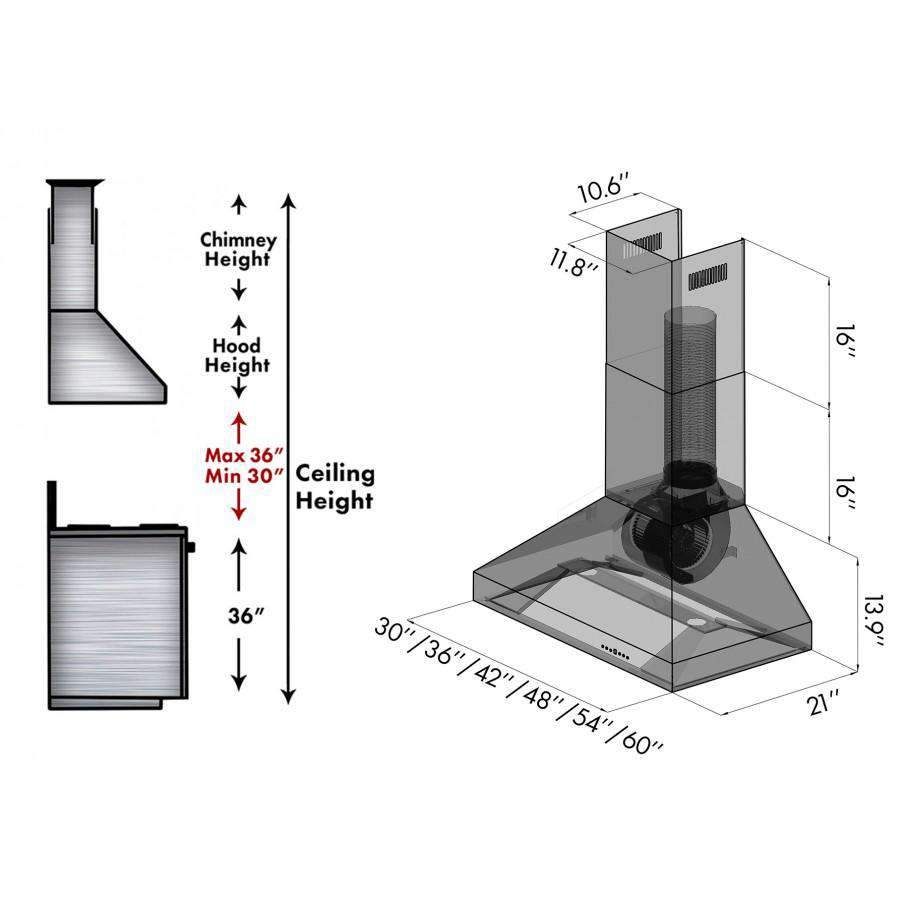 Wall mount range hood installation diagram showing ceiling height and hood height measurements