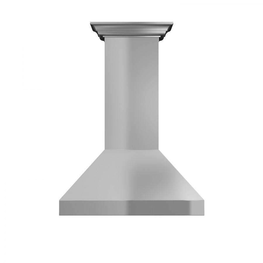 Stainless steel chimney-style wall mount range hood with flared canopy and vertical chimney