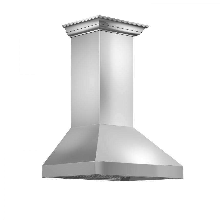 Stainless steel wall mount range hood with crown molding trim and curved chimney body