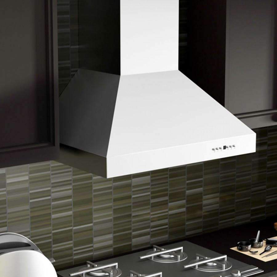 White wall-mount range hood canopy with baffle-style filter grille beneath