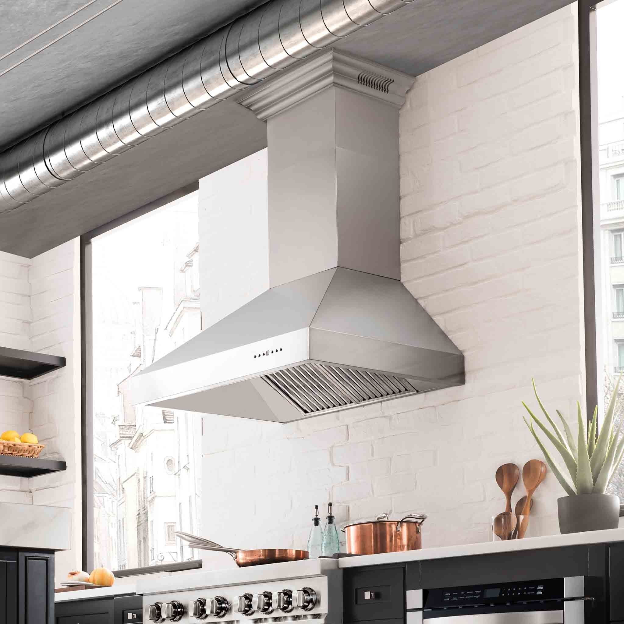 Stainless steel wall mount range hood with chimney design and vented filter panel