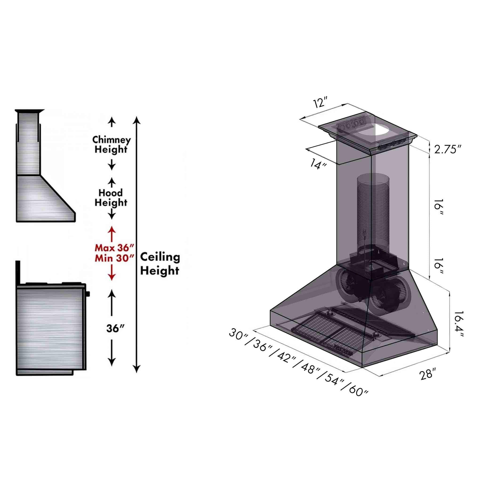 Chimney range hood installation diagram with height and clearance dimensions