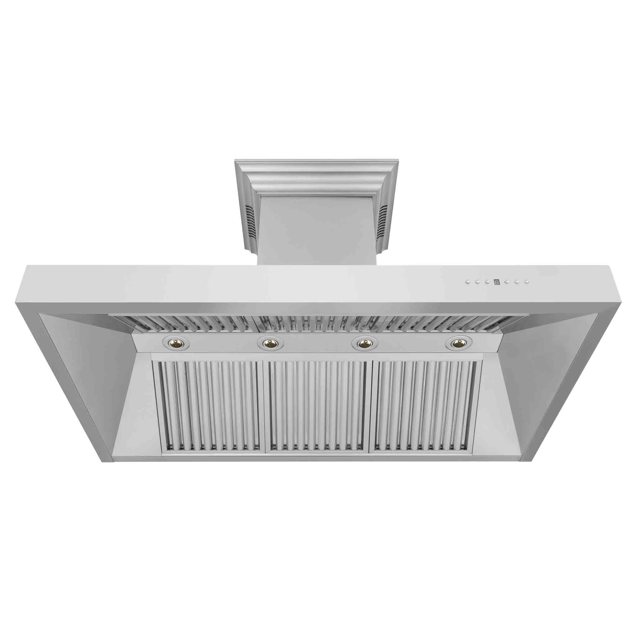 Stainless steel range hood underside with baffle filters and control area