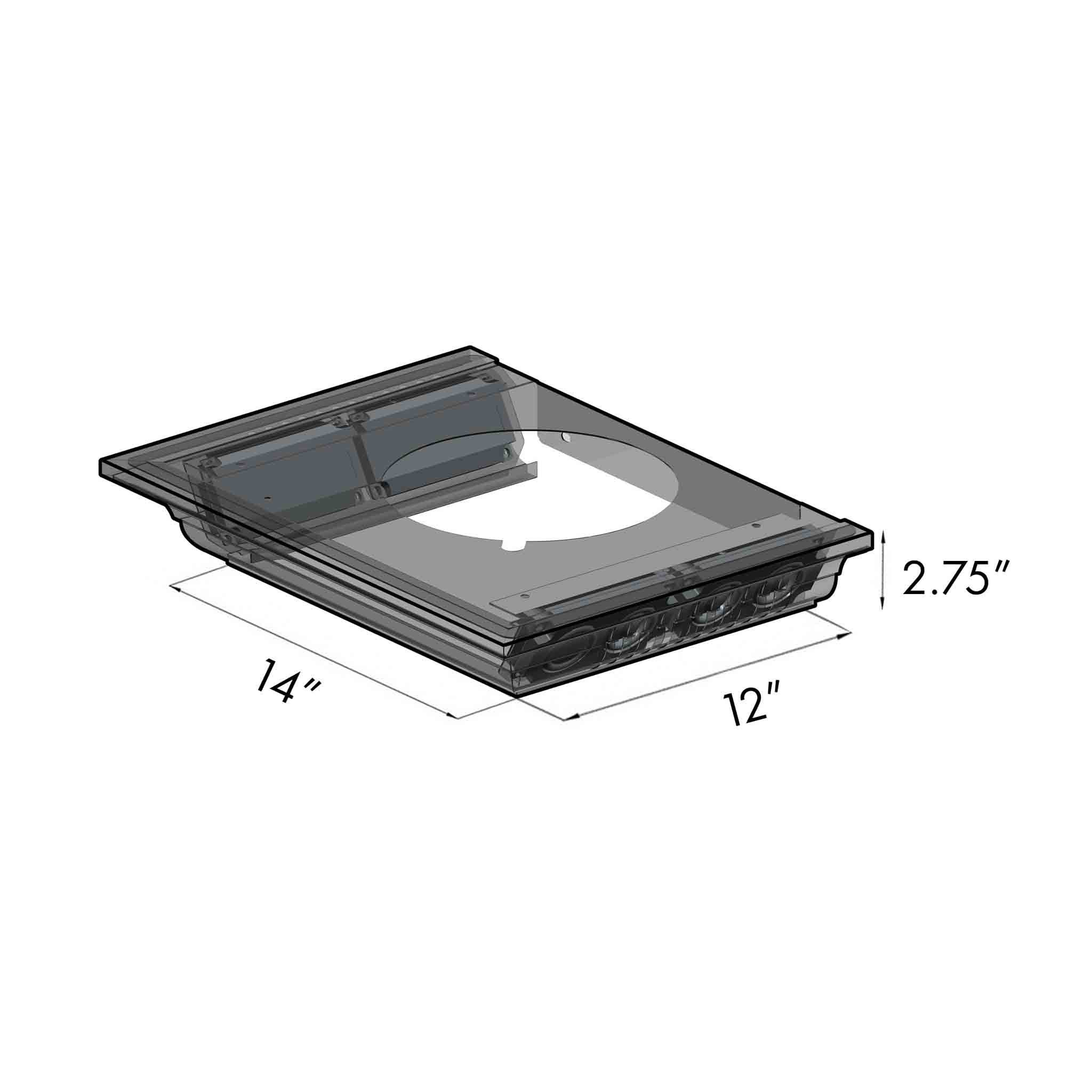 Stainless steel range hood top view with removable glass/cover panel