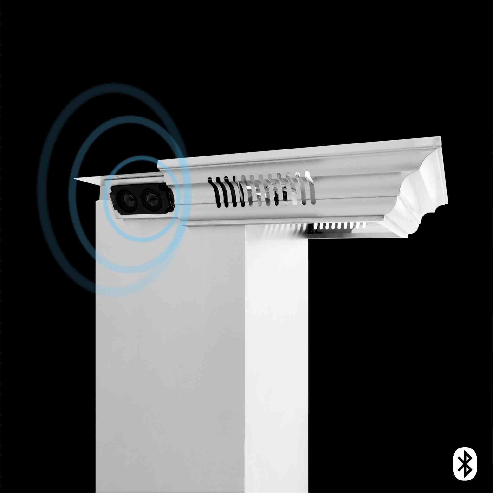Stainless steel range hood speaker grille area with Bluetooth icon overlay