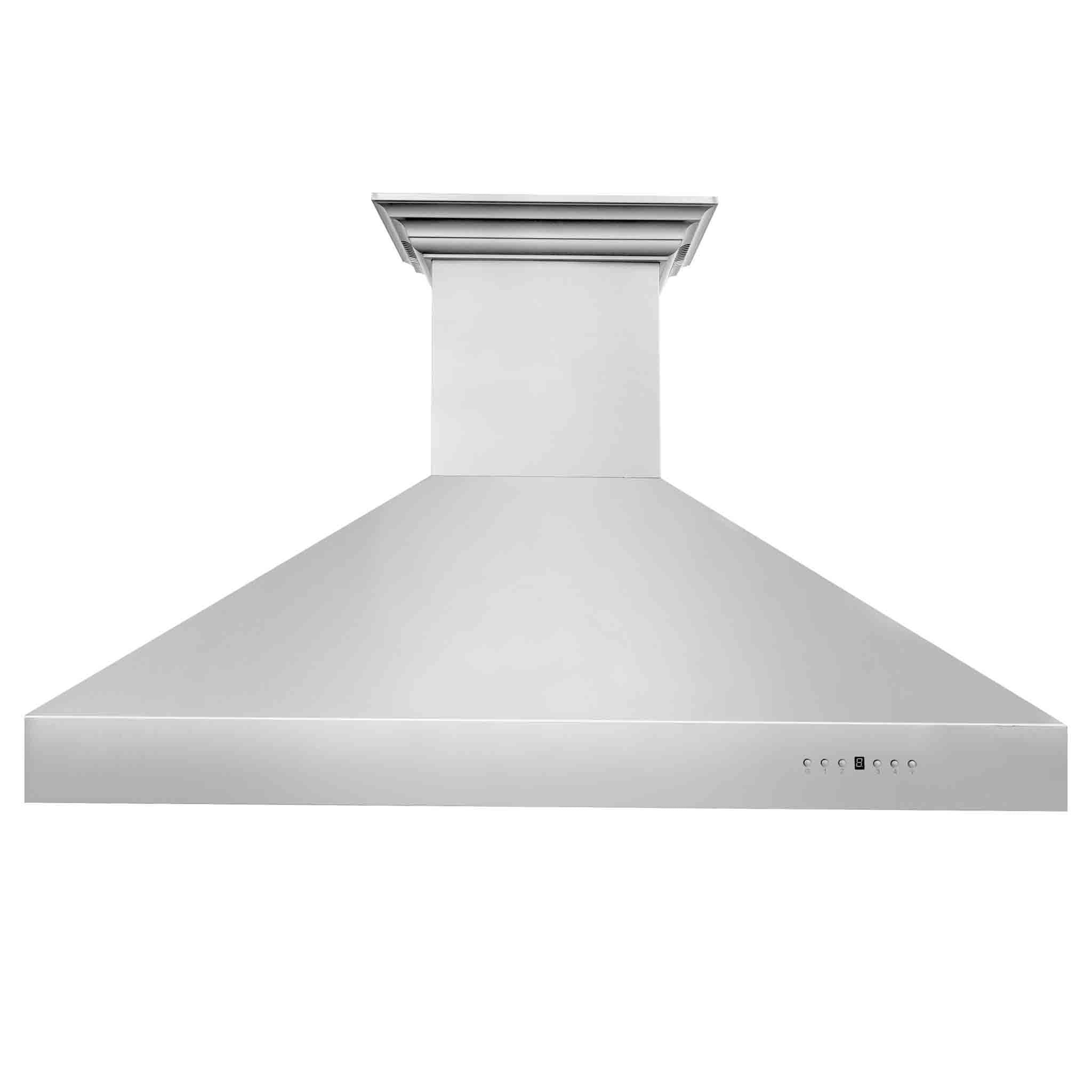 Stainless steel chimney range hood front view with vented canopy