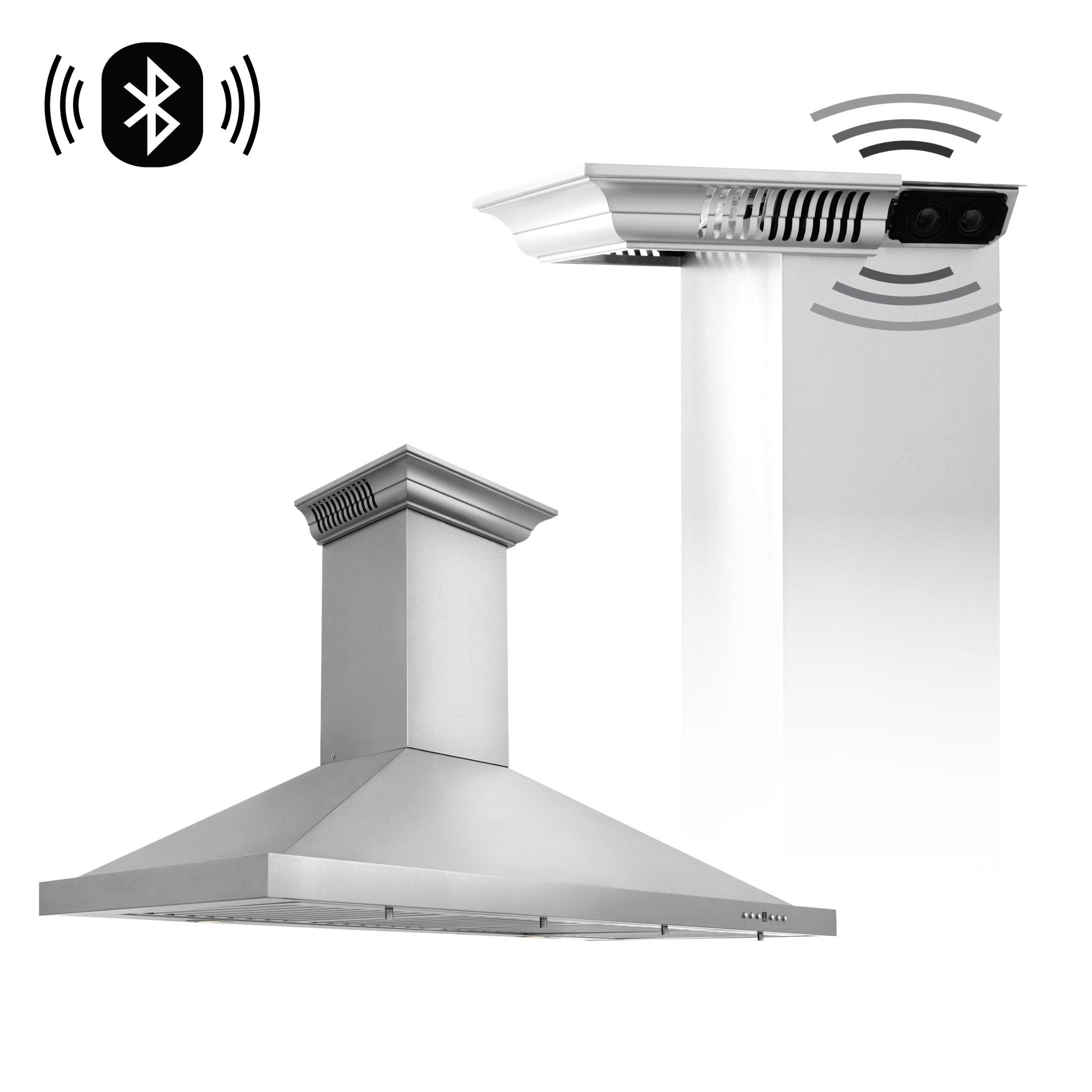 Stainless steel wall mount range hood with built-in speaker modules and sound waves