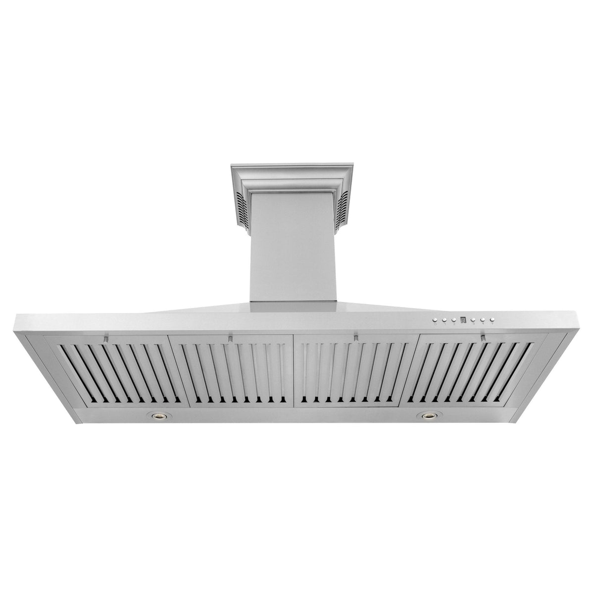 Stainless steel wall mount range hood with front vent grille and top control panel