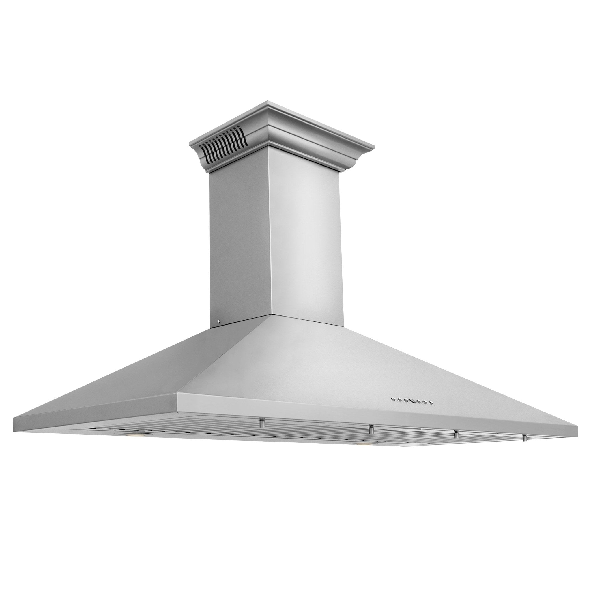 Stainless steel wall mount range hood side profile with flared chimney cap