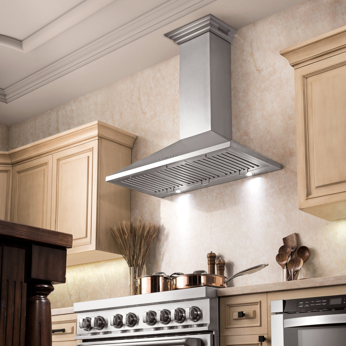 Stainless steel wall mount range hood with chimney and baffle filter vents