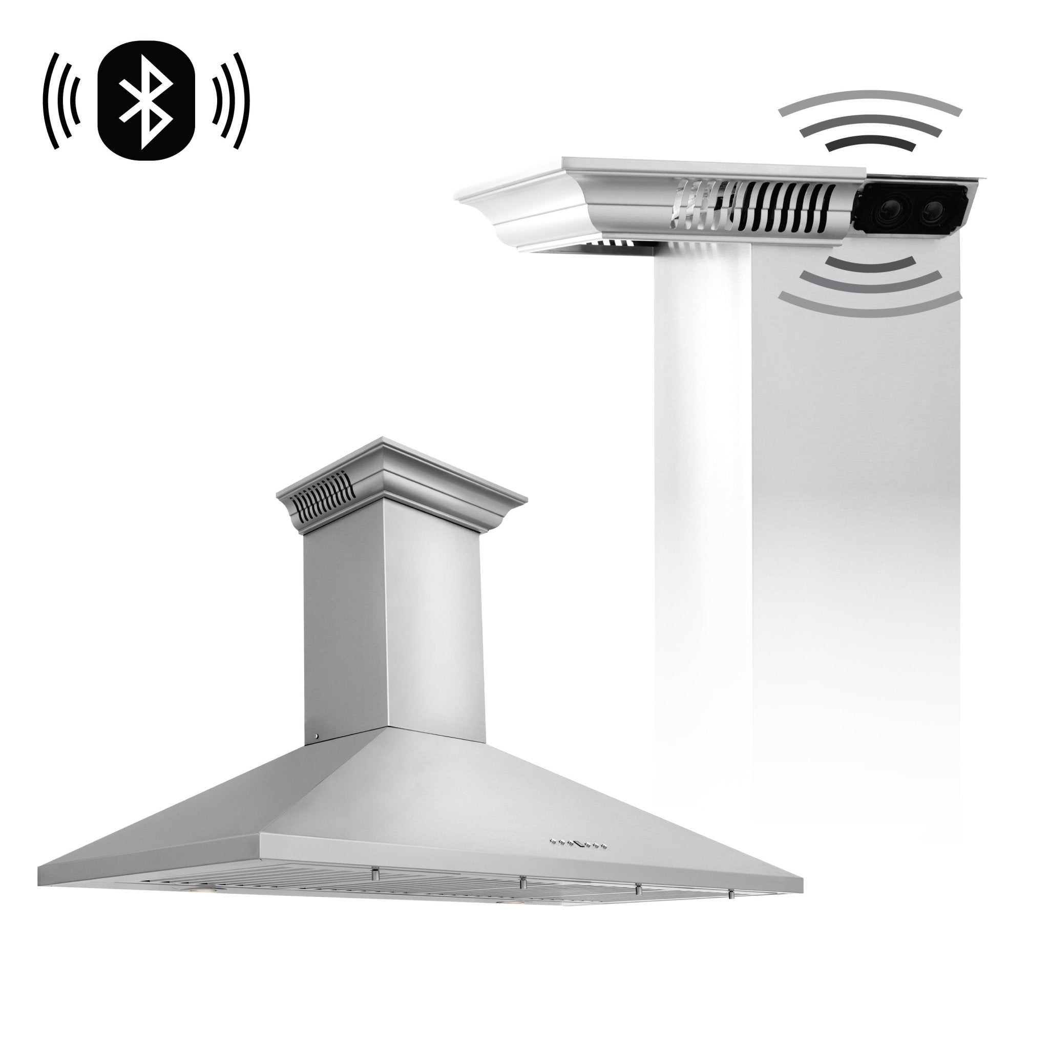Stainless steel wall mount range hood with Bluetooth speaker module and signal icons