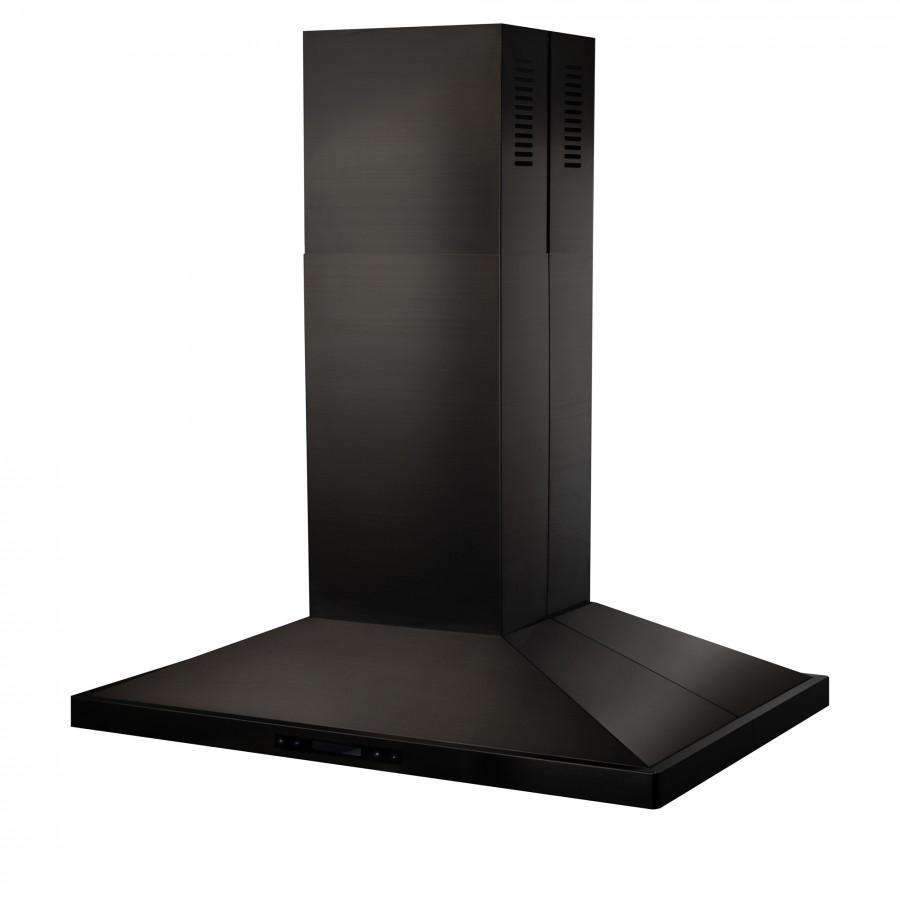 Black stainless island range hood with chimney stack and wide canopy