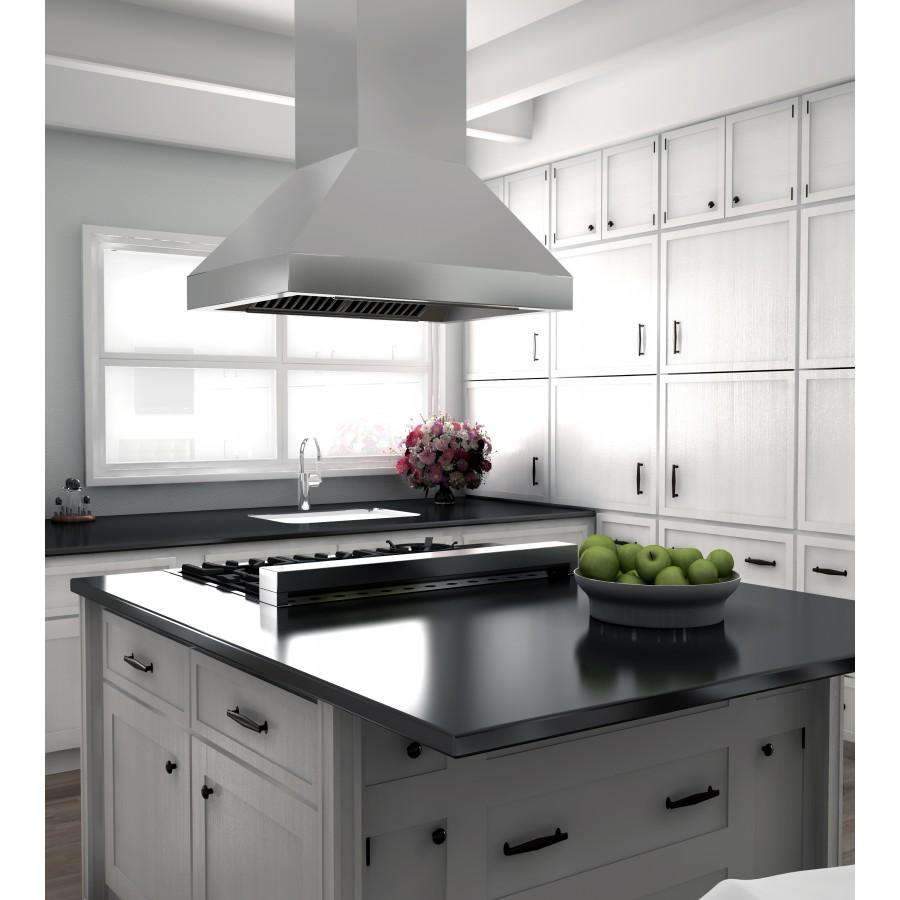 Stainless steel outdoor island range hood with tall chimney and vented canopy grille