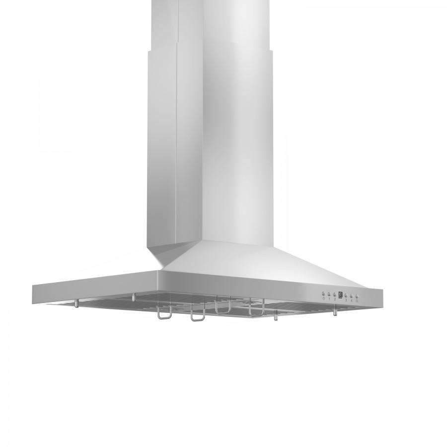 Stainless steel island range hood underside with baffle filters and hanging racks
