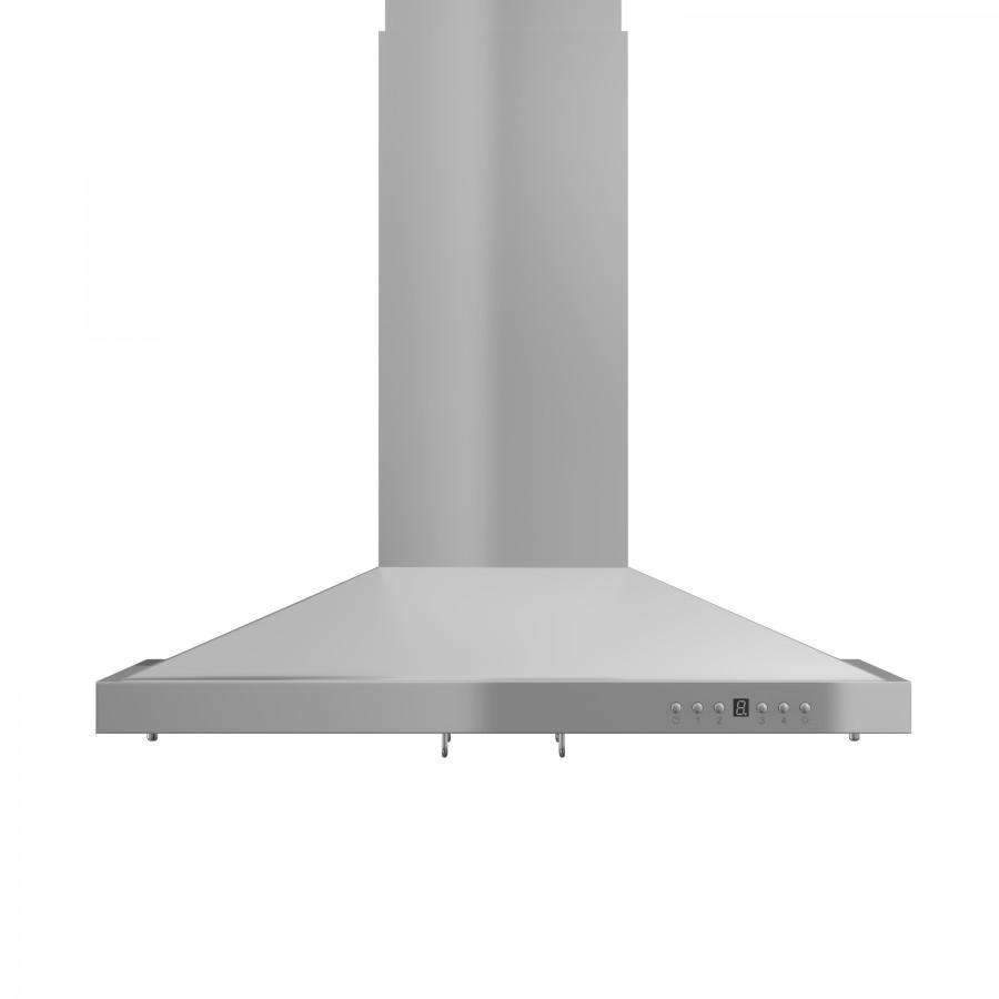 Stainless steel island range hood with flat canopy and side control buttons