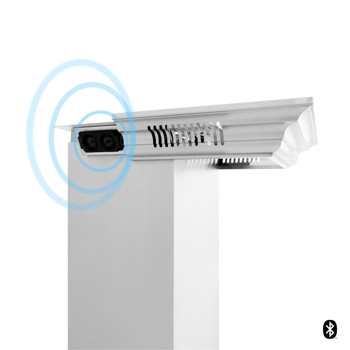Stainless steel wall mount range hood with Bluetooth speaker module and control panel