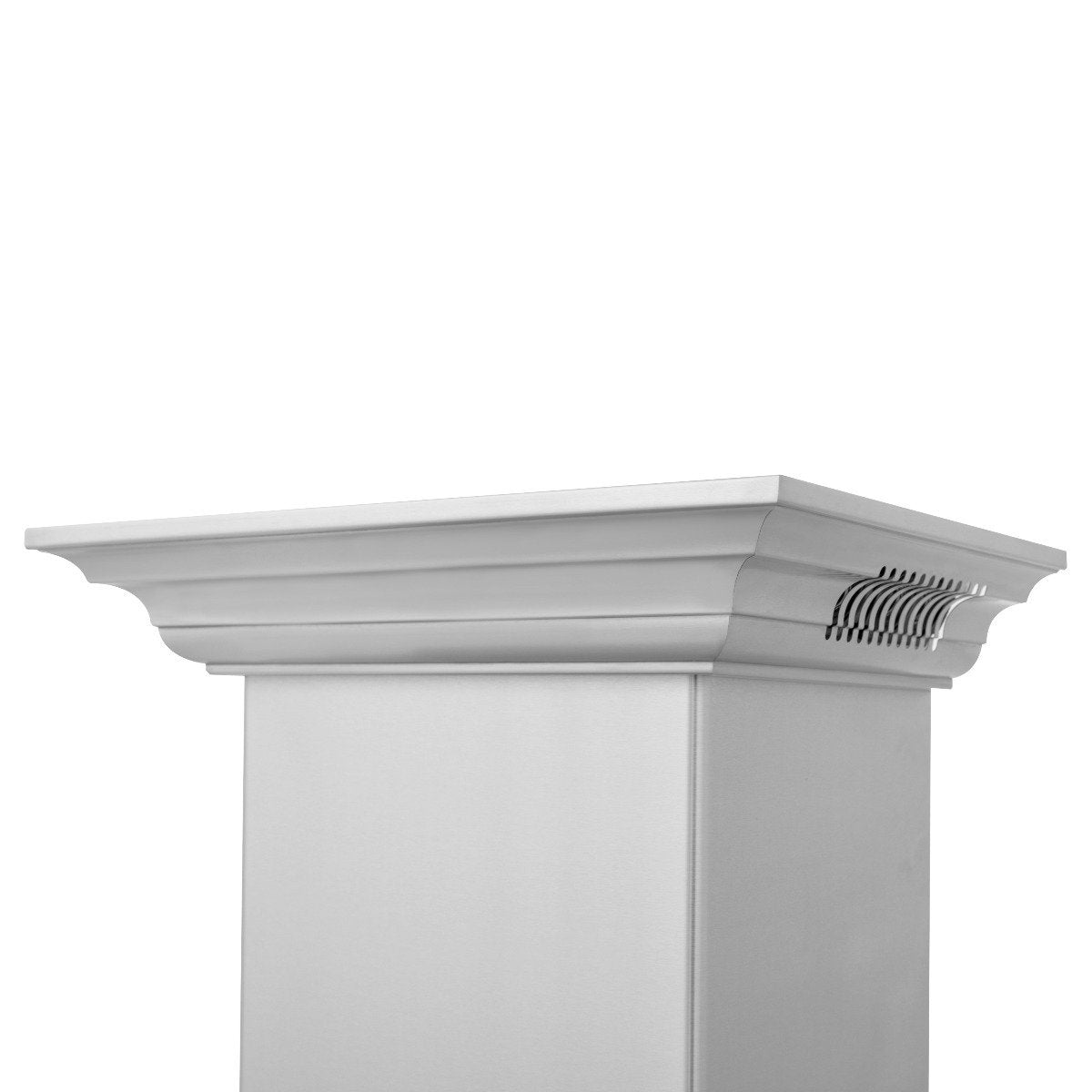 Stainless steel wall-mount range hood side view with decorative crown molding vent