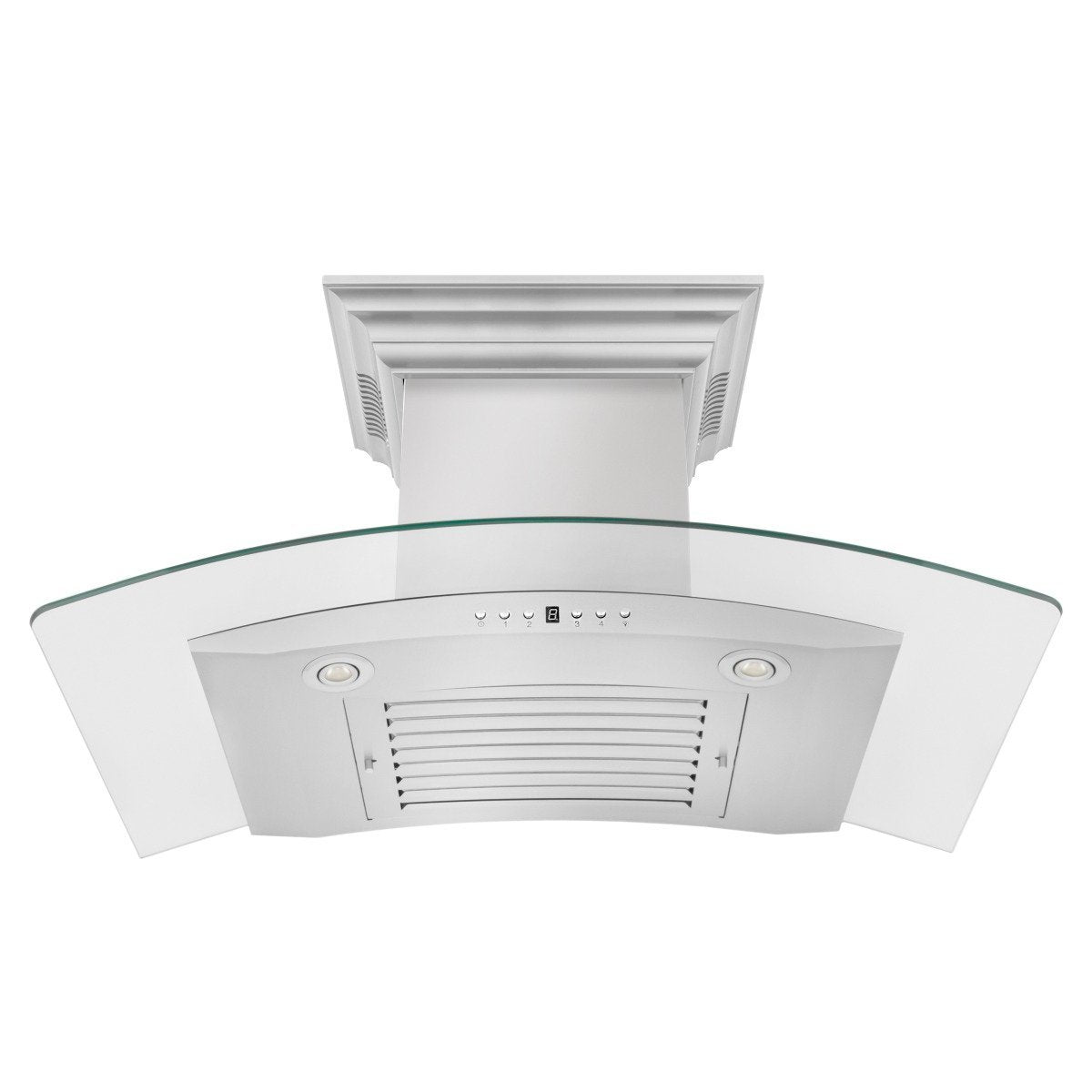 Stainless steel wall-mount range hood underside with mesh vent cover and circular lamps