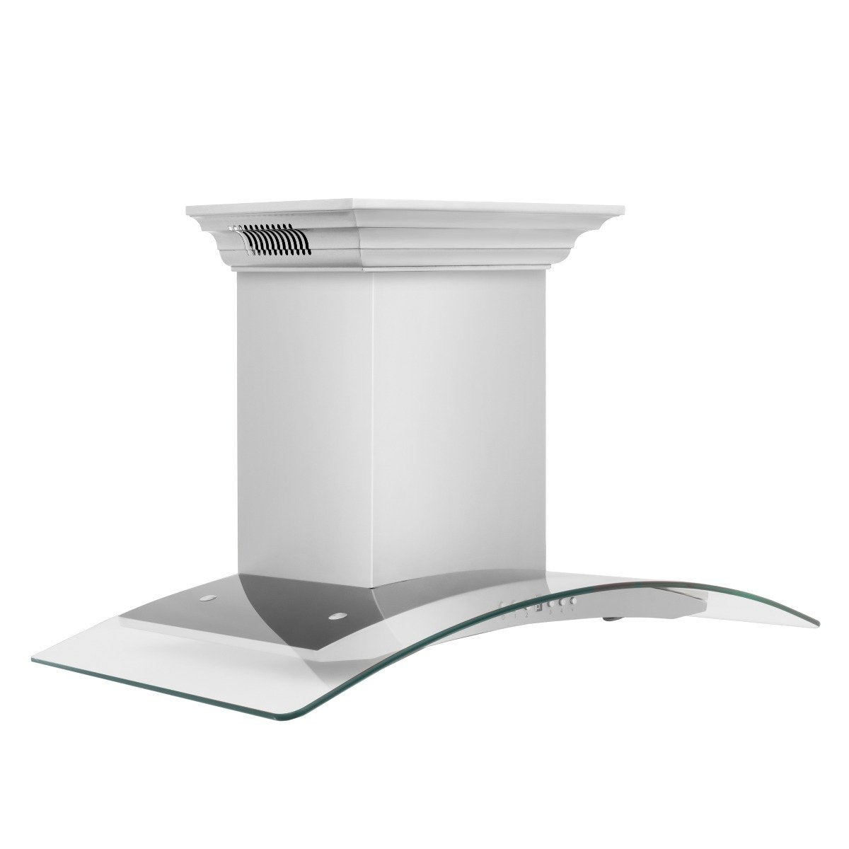 Stainless steel wall-mount range hood with curved glass canopy and crown-molded body